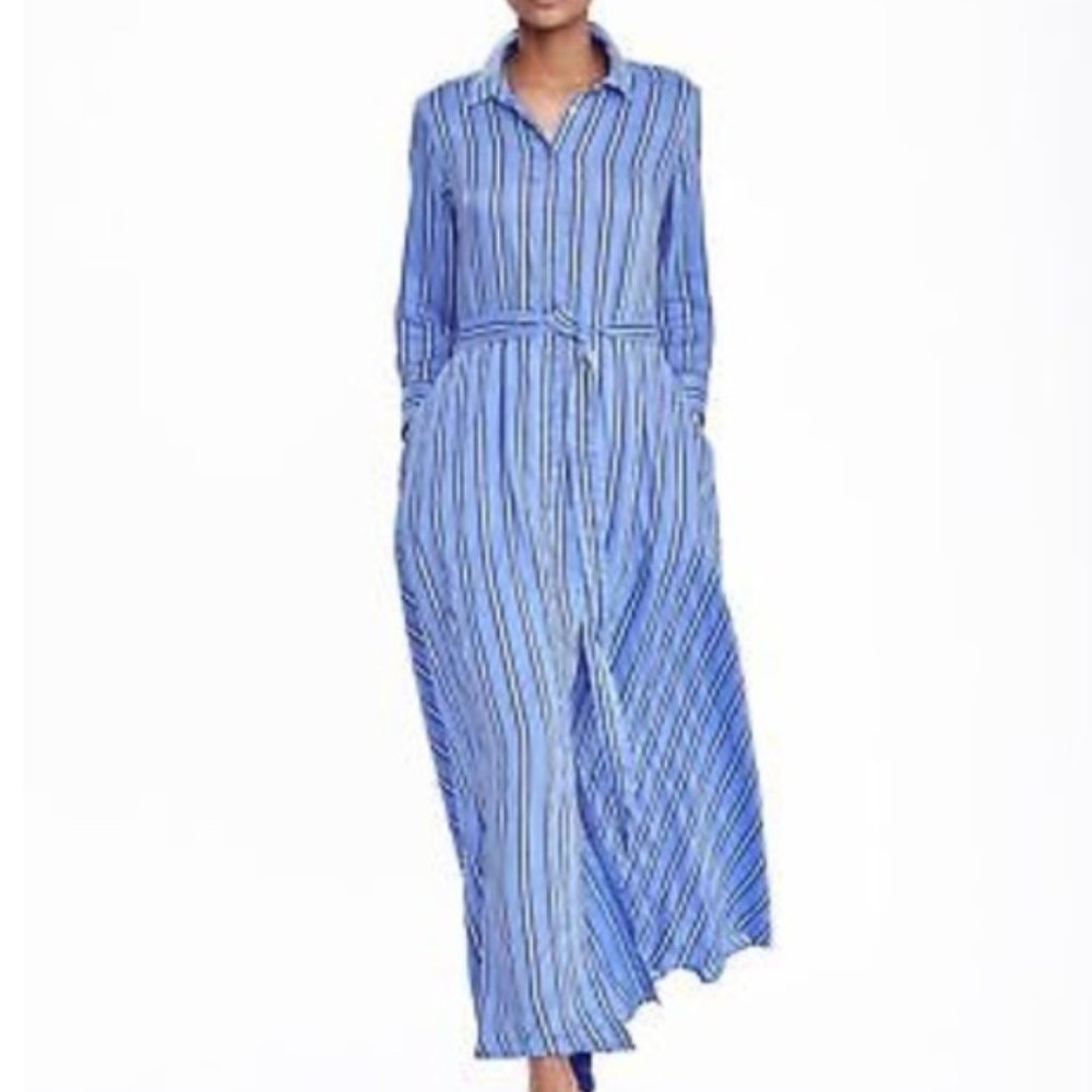 Belted Striped Long Shirt Dress
